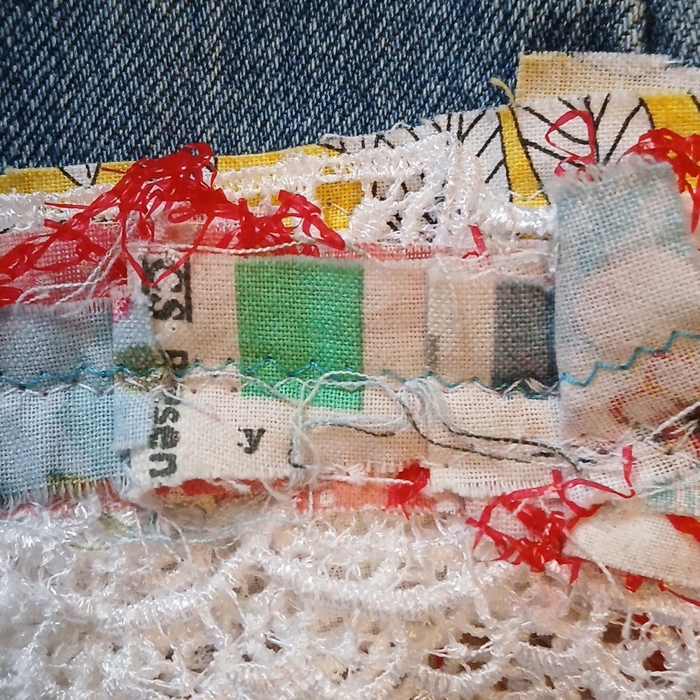Upcycled Denim Crossbody Bag Handmade with Floral Trim Jeans Patchwork Trim - Picture 12 of 13